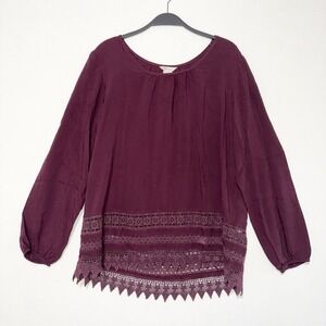 Ariat Blouse Top Womens Size Large Burgundy Long Sleeve Polyester Scoop Neck
